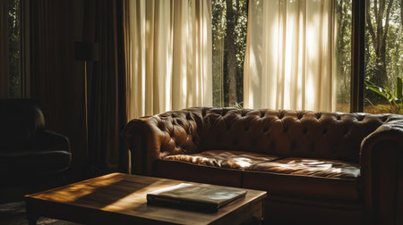 A beautifully designed living room showcasing a leather sofa under soft natural light. Sheer curtains filter sunlight, enhancing the warm and inviting atmosphere.の素材