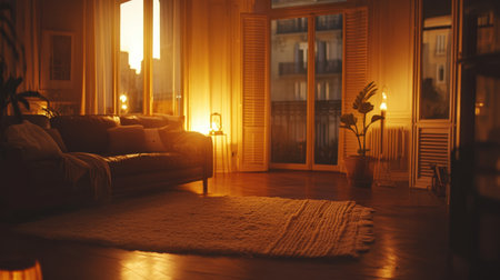 A serene and inviting living room captures the essence of comfort with warm lighting, a plush sofa, and a potted plant. Perfect for relaxation and tranquility.の素材