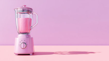 A stylish pink blender sits on a soft pink surface, filled with a vibrant smoothie, creating a fresh and modern aesthetic perfect for culinary and kitchen-related projects.の素材