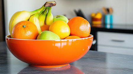 A striking image of a vibrant bowl filled with fresh fruits like bananas, oranges, and apples, set on a modern kitchen counter. Perfect for health and food themes.の素材