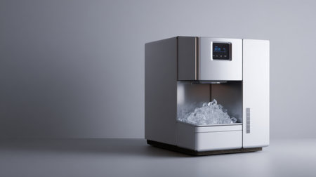 This modern ice maker features a sleek design with an intuitive touchscreen display, perfect for both home and commercial use. Enjoy an endless supply of ice cubes.の素材
