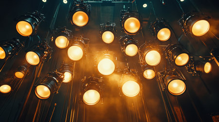 A captivating arrangement of bright stage lights hangs in a dark setting, casting a warm glow that enhances the atmosphere for performances or events.の素材