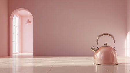 A stylish pink teapot sits elegantly in a modern, minimalistic interior space with soft lighting. The warm atmosphere invites comfort and simplicity.の素材