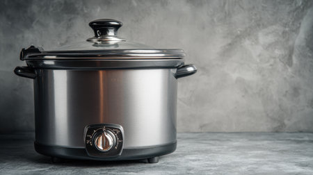 A sleek stainless steel slow cooker positioned against a textured gray background, perfect for meal preparation and enhancing modern kitchen aesthetics gracefully.の素材