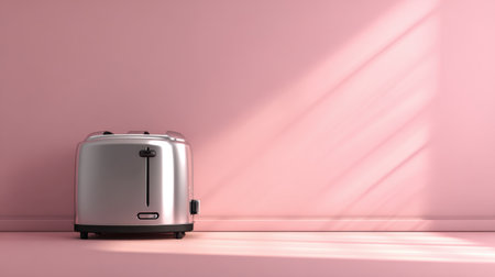 A sleek silver toaster stands against a soft pink wall, showcasing modern design. The gentle shadows create an inviting atmosphere perfect for stylish kitchens.の素材