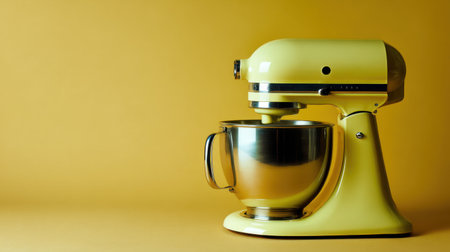 Brightly colored yellow stand mixer with a metal bowl sits against a warm yellow backdrop, symbolizing creativity and joy in baking and cooking activities.の素材