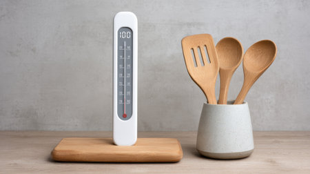 A modern kitchen scene featuring a digital thermometer alongside wooden cooking utensils in an elegant holder, set on a cutting board against a soft gray background.の素材