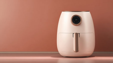 A modern air fryer with an elegant design is showcased against a warm colored wall, highlighting its compact size and innovative features for healthy meal preparation.の素材