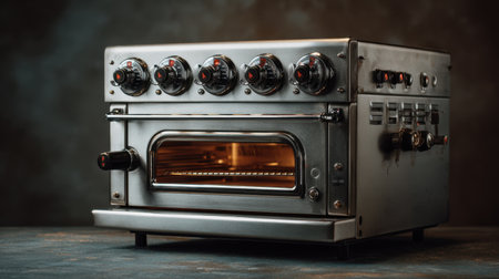 A professional stainless steel oven showcasing multiple knobs for heat management, perfect for chefs and culinary lovers focused on quality cooking techniques.の素材