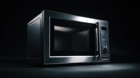 A modern stainless steel microwave oven shines against a black background, highlighting its sleek design and efficient functionality for everyday cooking needs.の素材