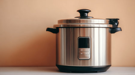 A sleek stainless steel electric cooker designed for modern kitchens, featuring a digital display for easy cooking and meal preparation with advanced technology.の素材