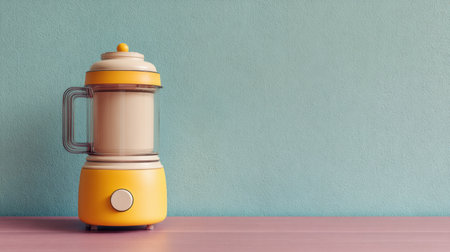 A cheerful yellow blender sits on a pastel pink table, creating a vibrant kitchen setting against a soft blue wall, ideal for food preparation and design inspiration.の素材