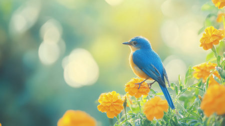 A vibrant blue bird perched gracefully on a cluster of marigold flowers, surrounded by a soft bokeh background that enhances the tranquility of a beautiful garden.の素材