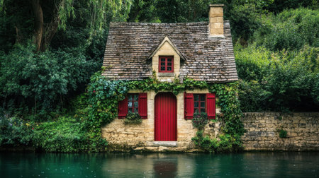 A delightful stone cottage with a vibrant red door, surrounded by lush greenery and facing a calm river, offers a serene escape in a beautiful countryside landscape.の素材