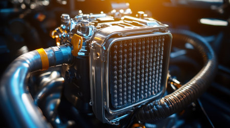 This close-up image showcases a modern engine component featuring intricate metal details and a cooling system, highlighting the complexity of automotive engineering.の素材