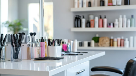 A bright and stylish beauty salon workspace showcasing organized hair tools and skincare products on shelves, creating an inviting atmosphere for professionals and clients.の素材