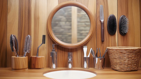 A beautifully arranged wooden bathroom vanity showcasing a simple mirror, grooming brushes, and essential tools, emphasizing an elegant and organized space for daily routines.の素材
