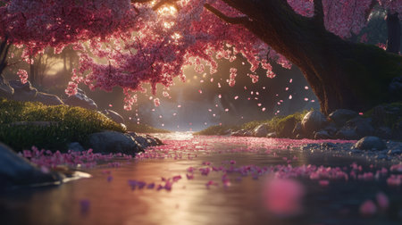 A stunning, tranquil scene featuring cherry blossom trees along a serene riverbank. Petals drift in the soft light, creating a peaceful atmosphere perfect for relaxation.の素材