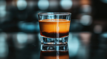 A captivating layered coffee drink showcased in a clear shot glass on a polished surface, reflecting warm ambient lights, perfect for cafes or bars.の素材