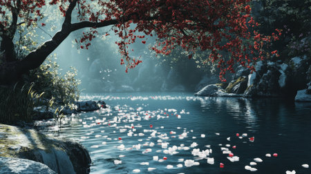 Experience a tranquil morning at a serene lake, where vibrant red leaves dance in the gentle breeze, reflecting on calm waters under soft sunlight, creating a peaceful atmosphere.の素材