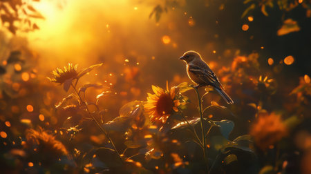 A charming scene unfolds as a bird rests on vibrant sunflowers, illuminated by a soft golden light at sunrise, creating a harmonious blend of nature's beauty and tranquility.の素材