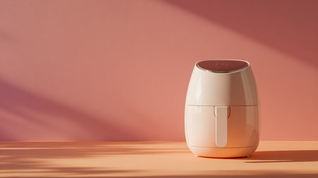 A sleek, modern air fryer displayed on a countertop with a soft pink wall in the background, highlighting the fusion of style and functionality in contemporary kitchens.の素材