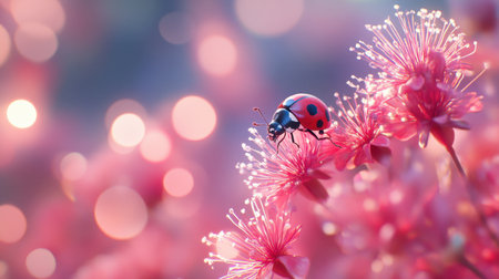 A stunning close-up captures a ladybug resting on vibrant pink flowers, set against a dreamy bokeh background. Perfect for nature and insect themes.の素材