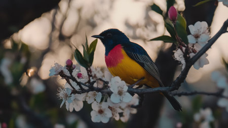 A stunning bird with bright colors sits gracefully on a branch adorned with blooming flowers, perfectly capturing the essence of spring and nature's vibrancy in soft light.の素材