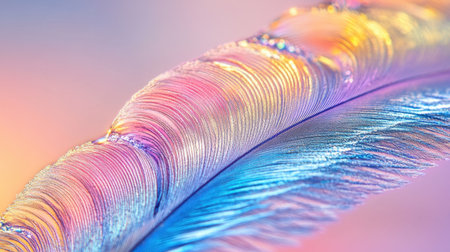 This stunning close-up image features a vibrant feather displaying iridescent hues set against a soft pastel background, perfect for artistic and decorative use.の素材