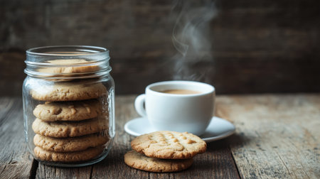 Indulge in the warmth of freshly baked cookies paired with a steaming cup of coffee, set on a rustic wooden table, creating a cozy and inviting atmosphere.の素材