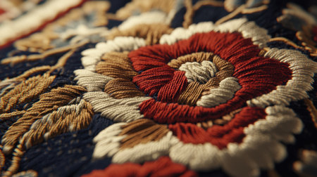 Stunning close-up view of handcrafted floral embroidery showcasing intricate designs and vibrant colors. A perfect representation of textile artistry and craftsmanship.の素材