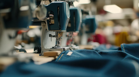 This image showcases a detailed close-up of industrial sewing machines at work in a textile workshop, with blue denim fabric laid out, highlighting the precision and craftsmanship of garment production.の素材