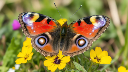 A stunning butterfly rests on bright yellow flowers, highlighting its colorful wings and intricate designs, surrounded by lush greenery in a serene garden atmosphere.の素材