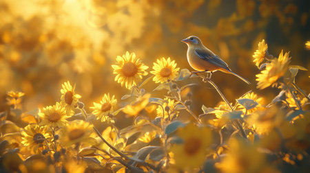 A stunning scene showcasing a songbird gracefully perched on a bright sunflower, illuminated by the warm glow of sunset, embodying peace and connection with nature.の素材