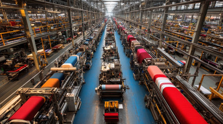 Dynamic view of a large-scale textile factory showcasing colorful fabric rollers and advanced machinery, highlighting efficient manufacturing processes and modern design.の素材