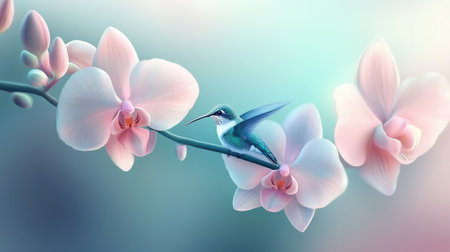 A stunning hummingbird rests on a soft pink orchid branch, surrounded by a dreamy pastel background, evoking a sense of tranquility and natural beauty.の素材