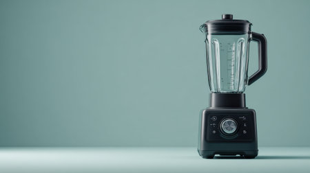A sleek and modern kitchen blender features a clear glass jar and a black base, standing against a minimalist backdrop, perfect for healthy cooking and lifestyle.の素材