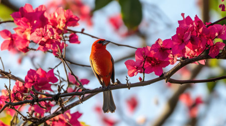A striking red bird rests on a branch amid vivid pink bougainvillea flowers, showcasing nature's beauty in bright sunlight against a serene outdoor backdrop.の素材