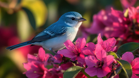 A vibrant bird rests gently on blooming flowers, showcasing stunning colors in a serene natural setting. The warm light enhances the beauty of nature's finest moments.の素材