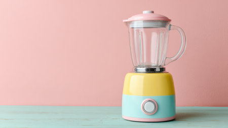 A colorful retro-style blender featuring a clear glass jug, stylish pastel base, and simple controls, set against a soft pink background, ideal for modern kitchens.の素材