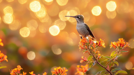 A stunning hummingbird stands gracefully on orange blooms, set against a dreamy bokeh backdrop, capturing a serene moment in natureの素材