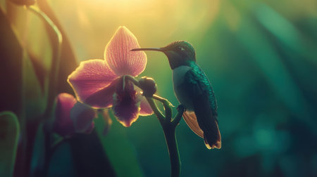 A stunning hummingbird rests gracefully on a bright orchid flower, illuminated by soft sunlight, capturing the serene beauty of nature and its delicate ecosystems.の素材