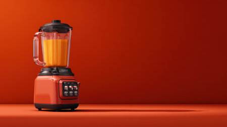 A sleek orange blender is positioned against a striking red background, highlighting a fresh smoothie. This image captures the essence of modern appliances and healthy living.の素材