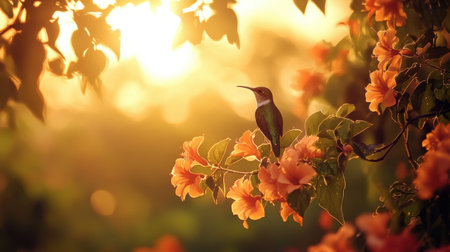 A stunning hummingbird sits gracefully on colorful flowers, illuminated by warm sunlight during sunset, embodying a beautiful moment in nature filled with tranquility and vibrant colors.の素材