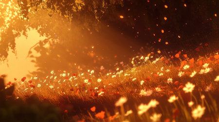 Experience the tranquility of a serene meadow during sunrise, with vibrant flowers dancing in the gentle light. This idyllic scene captures the essence of nature's beauty.の素材