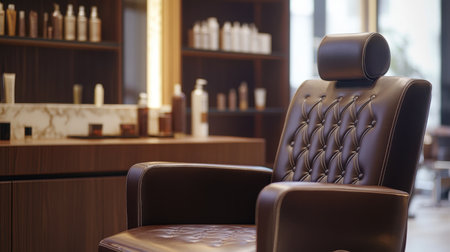 A sophisticated leather barber chair sits prominently in a chic salon setting, surrounded by an array of hair products on shelves, exuding an air of luxury and professionalism.の素材
