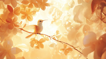 A serene bird perched gracefully on a branch amidst warm golden flowers, illuminated by soft light, creating a peaceful and enchanting atmosphere filled with nature's beauty.の素材