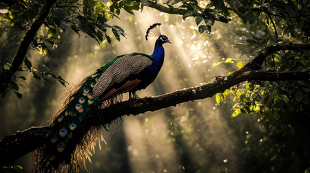 A stunning peacock stands gracefully on a branch, illuminated by soft sunlight filtering through a lush forest. This captivating scene showcases nature's beauty and elegance.の素材
