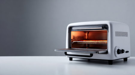 This image features a modern toaster oven with an open door, highlighting its sleek design and warm interior light. Ideal for kitchen themes and cooking concepts.の素材