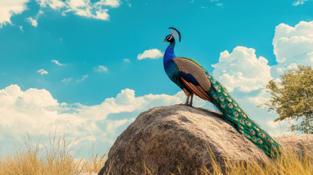 A stunning peacock stands proudly on a rock, displaying its colorful feathers against a vivid blue sky dotted with clouds, captured in a serene natural setting.の素材